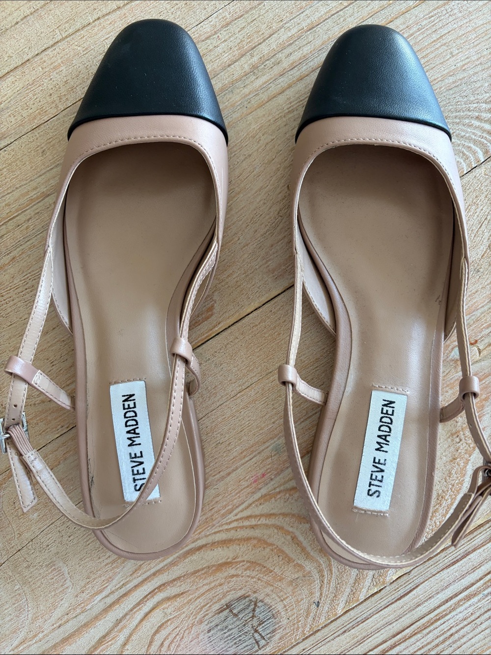 Steve Madden Nude and Black Cap-Toe Slingback Flats